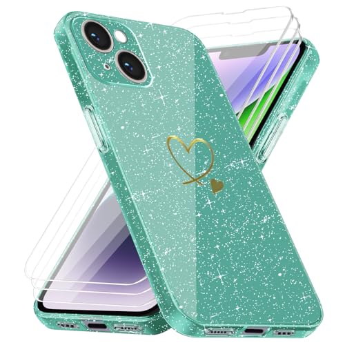 Handyhülle Kompatibel mit iPhone 14 mit 3 Stücke Schutzfolie, Weich TPU Anti-Fingerabdruck Hülle, Glitzer und Absturzsicherung Schutzhülle (Grün) von crisant