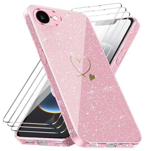 crisant Handyhülle Kompatibel mit iPhone 16E 6,1 Zoll (2025) mit 3 Stücke Schutzfolie, Weich TPU Anti-Fingerabdruck Hülle, Glitzer und Absturzsicherung Schutzhülle (Rosa) von crisant