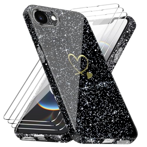 crisant Handyhülle Kompatibel mit iPhone 16E 6,1 Zoll (2025) mit 3 Stücke Schutzfolie, Weich TPU Anti-Fingerabdruck Hülle, Glitzer und Absturzsicherung Schutzhülle (Schwarz) von crisant