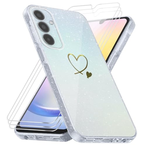 crisant Handyhülle für Samsung Galaxy A15 4G / 5G mit 3 Stücke Schutzfolie, Weich TPU Anti-Fingerabdruck Hülle, Glitzer und Absturzsicherung Schutzhülle (Transparent) von crisant
