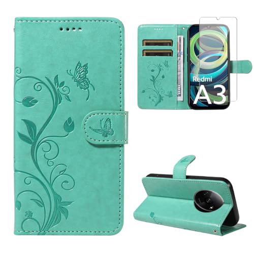 Handyhülle für Xiaomi Redmi A3 mit 1 Stück Schutzfolie, PU Leder Flip Hülle, Standfunktion und Kartenfach Schutzhülle für Xiaomi Redmi A3 (Grün) von crisant
