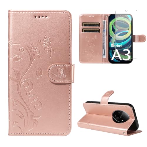 Handyhülle für Xiaomi Redmi A3 mit 1 Stück Schutzfolie, PU Leder Flip Hülle, Standfunktion und Kartenfach Schutzhülle für Xiaomi Redmi A3 (Roségold) von crisant