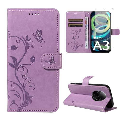 crisant Handyhülle für Xiaomi Redmi A3 mit 1 Stücke Schutzfolie, PU Leder Flip Hülle, Standfunktion und Kartenfach Schutzhülle für Xiaomi Redmi A3 (Violett) von crisant