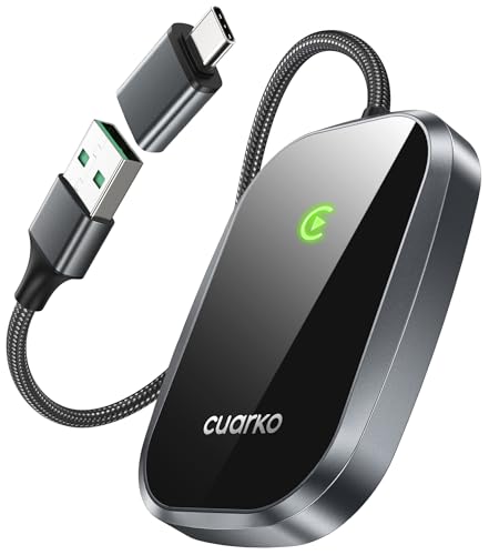 cuarko CarPlay Wireless Adapter, | Schnellverbindung | Konvertiert kabelgebundenes CarPlay in kabelloses CarPlay [ Extra USB A zu C Adapter ], Kompatibel für iPhone 6, iOS 10 und später von cuarko