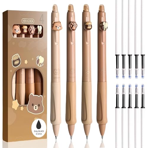 cuhostki Radierbare Stifte Set mit, Set mit 4 löschbaren Gelstiften, Radierbarer Nachfüllbarer Gel-Tintenroller, Cappuccino Bär Animal Erase it Stifte Braun Durchmesser der Spitze 0,5 mm von cuhostki