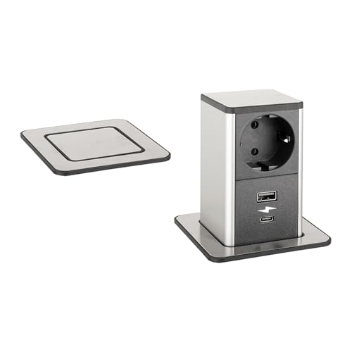cyclingcolors 1x Steckdosen-Element Steckdosenleiste Pull-Out 1x 230 V Schuko USB A+C Kabel 1.3 m Büro Konferenztische Küche, Edelstahlfarbe von cyclingcolors