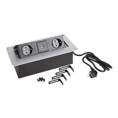 cyclingcolors 1x Steckdosen-Element Steckdosenleiste Pull-Out 2X 230 V Schuko 2X USB A+C Kabel 1.5 m Büro Konferenztische Küche, Silber von cyclingcolors