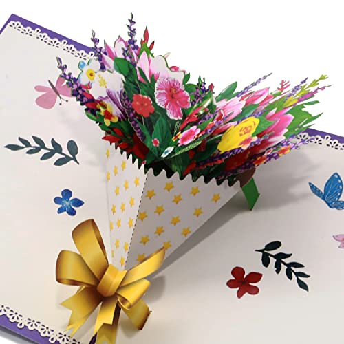 Driveloop® Geburtstagskarte 3D Pop Up, Blumenstrauß in Lila mit natürlichem Umschlag – Grußkarte & Hochzeitskarte mit köstlichen Blütenblättern für Frau, Mann, Freundin, Kinder & Unisex von d Driveloop