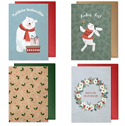 4er Weihnachtskarten Set mit Umschlägen: hochwertig, Nostalgie-Design für Kinder/Erwachsene (Eisbär, Zauberhase, Zuckerstangen ohne Text, Kranz, Frohe Weihnachten) | Recycling-Papier von dabelino