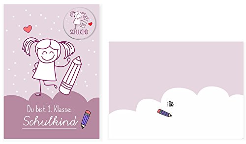 dabelino Karte zur Einschulung für Mädchen mit Schulkind-Button und Umschlag (Recycling-Papier) von dabelino