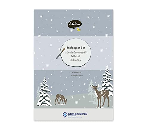 dabelino® Briefpapier Set Rehe/Winter für Kinder: A5 Block liniert, 10 Umschläge + A6 Malblock von dabelino