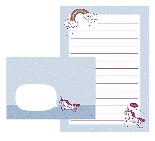 dabelino® Kinder-Briefpapier-Set: Einhorn und Regenbogen (Mädchen, lila, rosa) - A5, liniert mit Umschlägen + Malblock von dabelino