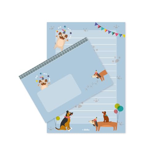 dabelino® Kinder-Briefpapier-Set: Hunde (Mops, Dackel, Schäferhund, Labdrador) - A5, liniert mit Umschlägen + Malblock (für Jungen, Mädchen, blau) von dabelino