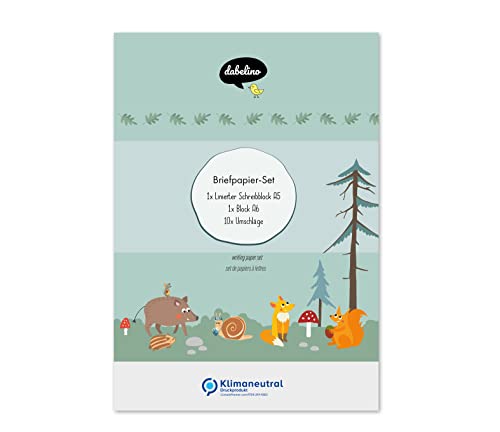 dabelino® Kinder-Briefpapier-Set: Waldtiere (Fuchs, Eichhörnchen) - A5, liniert mit Umschlägen + Malblock (für Jungen, Mädchen, grün) von dabelino