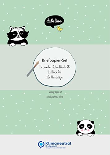 dabelino® Tiere-Briefpapier Set Panda/Waschbär für Kinder: A5 Block liniert, 10 Umschläge + A6 Malblock (für Jungen und Mädchen, mint-grün) von dabelino