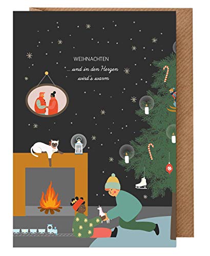dabelino 1x Weihnachtskarte mit Umschlag Kinder + Katze/Liebe (Karte Weihnachten einzeln, Diversity, Diversität, BIPoC, People of Color, nachhaltig) von dabelino