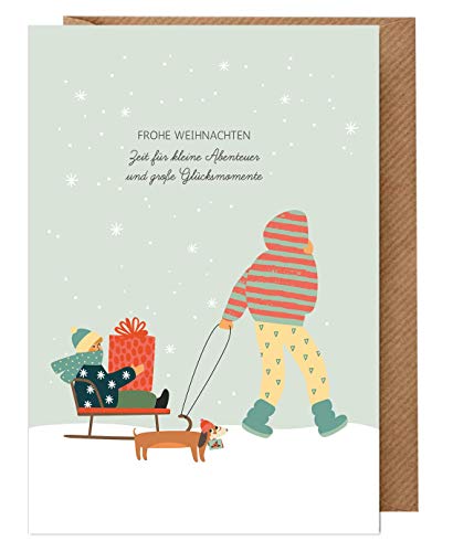 dabelino 1x Weihnachtskarte mit Umschlag für Kinder Junge auf Schlitten mit Hund/Dackel (Karte Weihnachten einzeln,nachhaltig) von dabelino