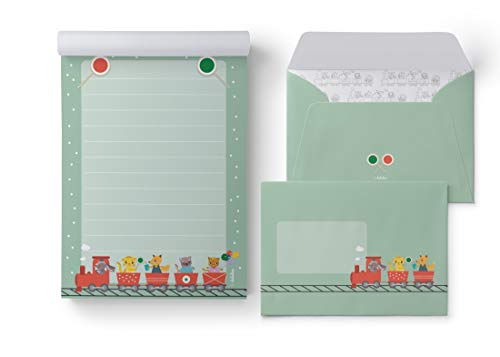 dabelino Eisenbahn-Briefpapier-Set für Kinder: 25 Blatt Format DIN A5, liniert + 10 Briefumschläge | (grün, Jungen, Mädchen) von dabelino
