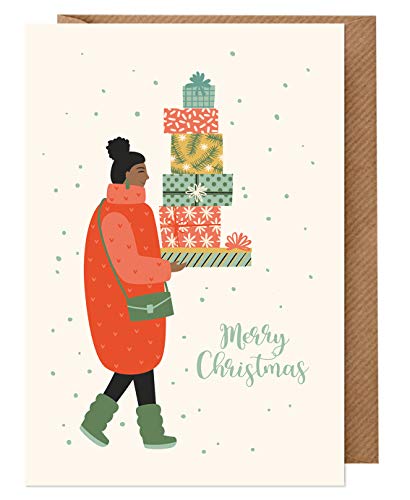 dabelino Karte Weihnachten: Weihnachtskarte mit Umschlag Schwarze Frau mit Geschenkestapel (für beste Freundin, Ehefrau, Schwester, Mutter, Diversity, BIPOC, People of Color, öko, umweltfreundlich) von dabelino