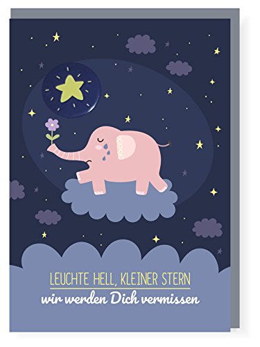 dabelino Trauerkarte für Kinder/Mädchen (Baby, Sternenkind, Fehlgeburt) mit Stern-Button + Umschlag (Motiv: rosa Elefant) von dabelino