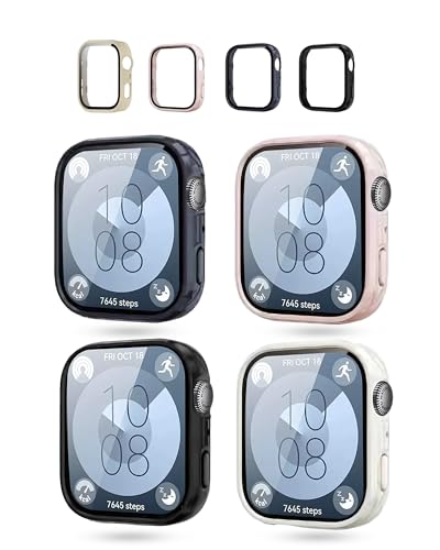 4 Packung, Gehäuse für Huawei Watch Fit 4, daunke Ultra Slim Full Cover Hard PC Protective Cover, stoßdicht, Kratzfest, robust und langlebig, schwarz + weiß + rosa + blau von daunke