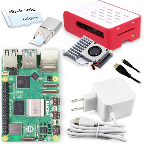 db-tronic Raspberry Pi 5 8GB Cooler-Kit/USB-C 27W Netzteil/Gehäuse/Active Cooler/32GB SD Karte/Micro HDMI Kabel 1m/Raspberry Pi 5 8GB RAM von db-tronic