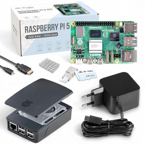 db-tronic Raspberry Pi 5 8GB Starter-Kit Black/USB-C 27W Netzteil/Gehäuse mit Lüfter / 32GB SD Karte/Micro HDMI Kabel 1m / Raspberry Pi 5 8GB RAM von db-tronic