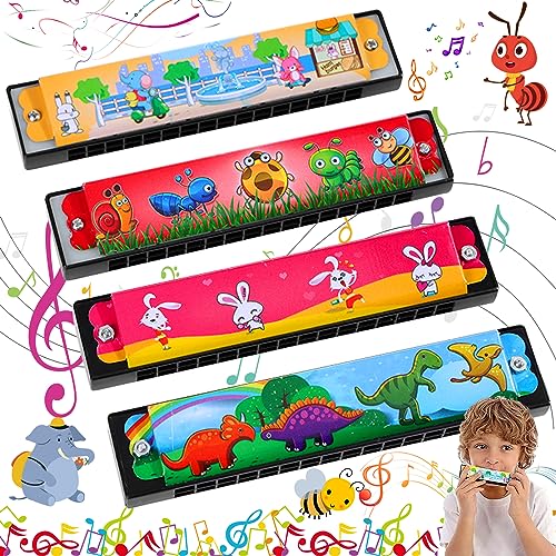 4 Stück Mundharmonika für Kinder, 16-Loch Kinder Harmonika, Farbe Mundharmonika Spielzeug, Verschiedene Bunte Cartoon-Muster-Designs, Sehr Geeignet für Anfänger, Kinder, Studenten von dcas