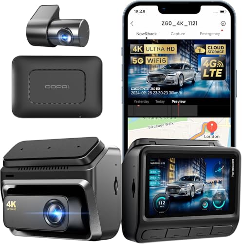DDPAI Z60 4G Fernansicht Autokamera vorne und hinten 4K+1080P für Autos, WiFi 5GHz mit 32G eMMC, GPS, Nachtsicht, 3-Zoll-IPS-Bildschirm, 20-Tage-Parkmodus (keine SD-Karte) von ddpai