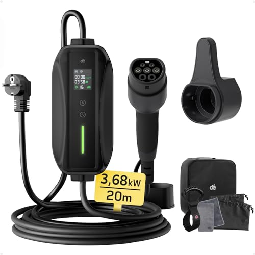 dé Typ 2 Ladekabel Schuko 3,68kW[1-phasig, 20m, 6-16A], EV Chargers mit Steuerbarer Digitalanzeige für Elektroauto, EV Ladegerät für 3008/508, C5X, DS7, GLA, Q3, X3, ZOE, ID.4 und Anderen PHEV/EV von dé