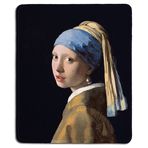 dealzEpic - Art Mousepad – Naturkautschuk Mauspad mit berühmter Kunstmalerei eines Mädchens mit einem Perlenohrring von Johannes Vermeer – genähte Kanten – 24,1 x 20,1 cm von dealzEpic