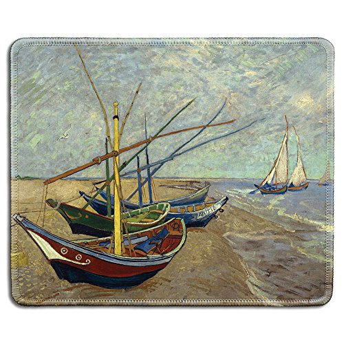 dealzEpic - Art Mousepad – Naturkautschuk Mauspad mit berühmter Kunstmalerei von Fischerbooten am Strand von Les Saintes-Maries-de-la-Mer von Vincent Van Gogh – genähte Kanten – 24,1 x 20,1 cm von dealzEpic