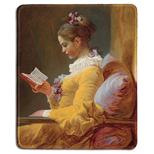 dealzEpic - Kunst-Mauspad – Naturkautschuk-Mauspad mit berühmtem Kunstgemälde eines jungen Mädchens lesen (The Reader) von Jean Honoré Fragonard – genähte Kanten – 24,1 x 20,1 cm von dealzEpic