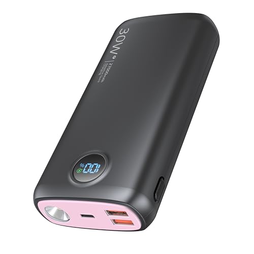 Debopo Power Bank, 27000mAh 30W PD3.0 QC4.0 4.5A Schnelles Aufladen, USB C Eingang und Ausgang Externer Akku mit 3W Heller Taschenlampe, Led Display für Smartphone, Tablets und mehr(Rosa) von debopo
