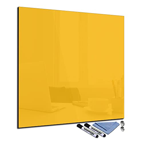 Glas-Magnettafel 40x40 cm Whiteboard Wand Beschreibbar Quadratisch Magnetisch Küche Office Büro mit Zubehör Wochenplaner Abwischbar Deko Memoboard Tafel Gelb von decorwelt