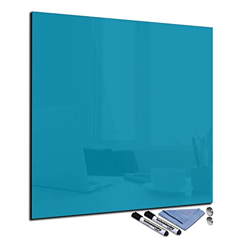 Glas-Magnettafel 80x80 cm Whiteboard Wand Beschreibbar Quadratisch Magnetisch Küche Office Büro mit Zubehör Wochenplaner Abwischbar Deko Memoboard Tafel Blau von decorwelt