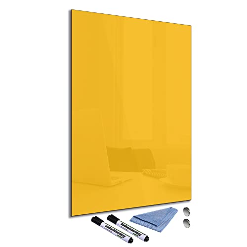 Glas-Magnettafel Gelb 60x90 cm Whiteboard Wand Beschreibbar Magnetisch Pinnwand Küche Office Büro mit Zubehör Wochenplaner Abwischbar Deko Memoboard Tafel von decorwelt