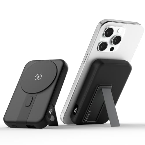 decqle 001 Magnetische Externe Batterie Wireless Powerbank, 10000mAh Faltbarer Stand-Akkupack Tragbares Ladegerät, Kompatibel mit MagSafe für iPhone 12/13/14/15 Serie (Schwarz) von decqle