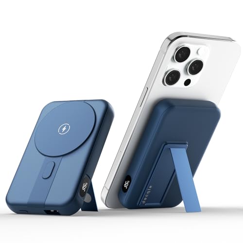 decqle 001 Magnetische Externe Batterie Wireless Powerbank, 10000mAh Faltbarer Stand-Akkupack Tragbares Ladegerät, Kompatibel mit MagSafe für iPhone 12/13/14/15 Serie (Blau) von decqle