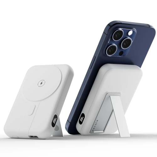 decqle 001 Magnetische Externe Batterie Wireless Powerbank, 10000mAh Faltbarer Stand-Akkupack Tragbares Ladegerät, Kompatibel mit MagSafe für iPhone 12/13/14/15 Serie (Weiß) von decqle