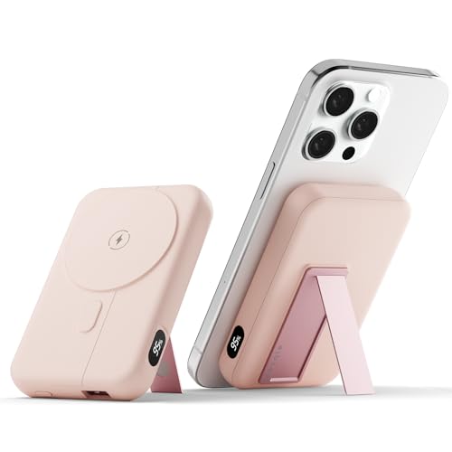 decqle 001 Magnetische Externe Batterie Wireless Powerbank, 10000mAh Faltbarer Stand-Akkupack Tragbares Ladegerät, Kompatibel mit MagSafe für iPhone 12/13/14/15 Serie (Rosa) von decqle