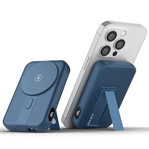 decqle 001C Magnetische Externe Batterie Wireless Powerbank, 10000mAh Faltbarer Stand-Akkupack Tragbares Ladegerät, Kompatibel mit MagSafe für iPhone 12/13/14/15 Serie 2024 (Blau) von decqle