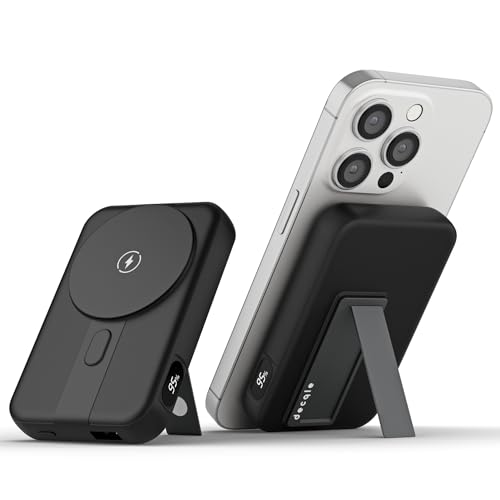 decqle 001C Magnetische Externe Batterie Wireless Powerbank, 10000mAh Faltbarer Stand-Akkupack Tragbares Ladegerät, Kompatibel mit MagSafe für iPhone 12/13/14/15 Serie 2024 (Schwarz) von decqle