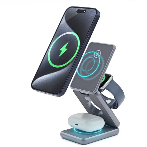 decqle 102 Induktive Ladestation, Klappbar Wireless Charger Magnetische Ladeständer kompatibel mit Magsafe, Design für iPhone 12/13/14/15, für Apple Watch 1-9/Ultra, für AirPods 2/3/Pro von decqle