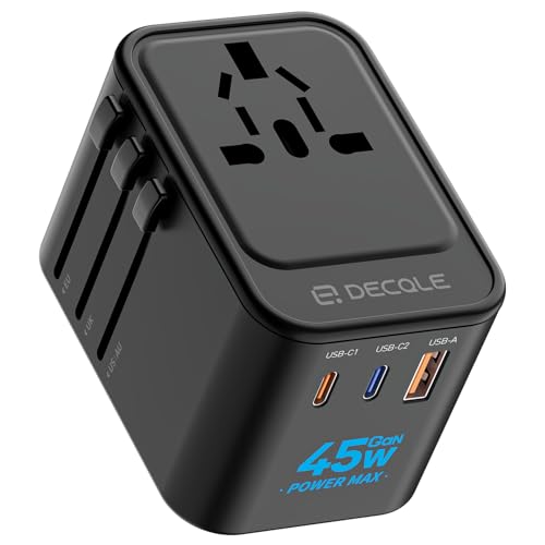 decqle Reiseadapter Weltweit, Universal Reisestecker mit 2 USB-C (GaN 45W), 1 USB-A und 1 AC Steckdose, Internationaler Steckdosenadapter, Universaladapter für EU, UK, US, AU (Schwarz) von decqle