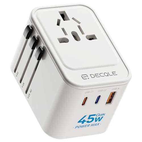 decqle Reiseadapter Weltweit, Universal Reisestecker mit 2 USB-C (GaN 45W), 1 USB-A und 1 AC Steckdose, Internationaler Steckdosenadapter, Universaladapter für EU, UK, US, AU (Weiß) von decqle