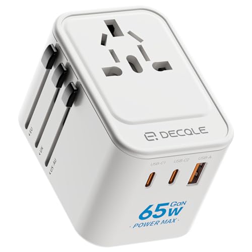decqle Reiseadapter Weltweit, Universal Reisestecker mit 2 USB-C (GaN 65W), 1 USB-A und 1 AC Steckdose, Internationaler Steckdosenadapter, Universaladapter für EU, UK, US, AU (Weiß) von decqle