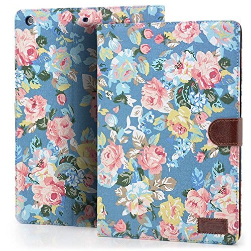 iPad Mini 3 Hülle, Deenor Vintage Painting Design Tasche PU Leder Abdeckung Stand Schutzhülle für Apple iPad Mini 1/2/3. (Blue Flowers) von deenor