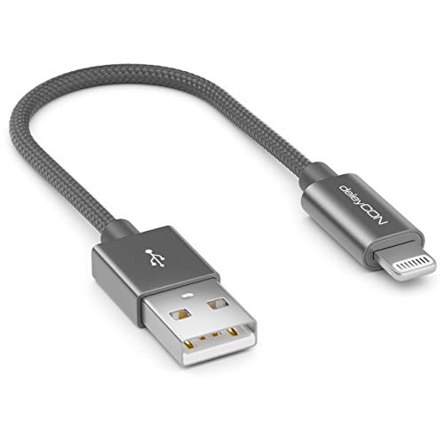 DeleyCON 0,15m Lightning 8 Pin Ladekabel USB Kabel Apple MFi für iPhone 14 Pro Max, 14 Plus, 13 Pro, 12 Mini, SE - Metallstecker & Nylonkabel - Grau von deleyCON