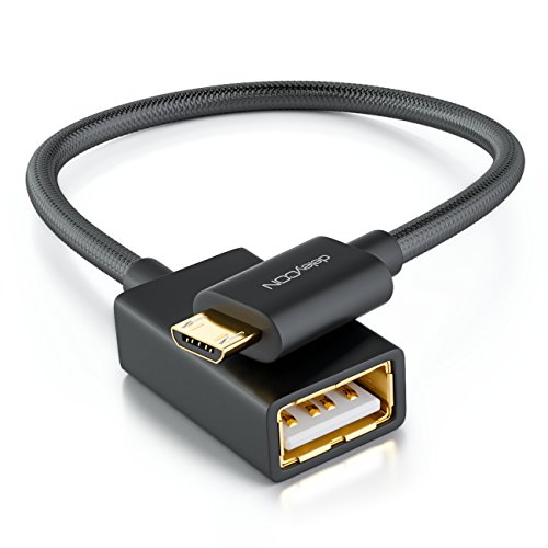 deleyCON 0,1m USB 2.0 OTG Adapter Kabel Nylon + Metallstecker - Micro USB auf USB A Buchse Datenkabel Smartphone & Tablet verbinden mit USB Stick - Schwarz von deleyCON
